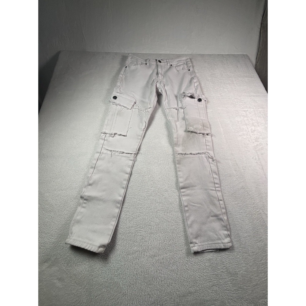 Old Skool Mens White Denim Jeans 32x32 Vintage Y2K Cargo Pocket Distressed